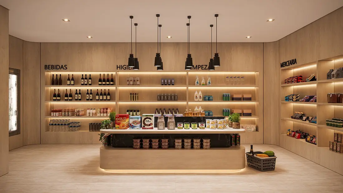 Home market no térreo, com bebidas e produtos