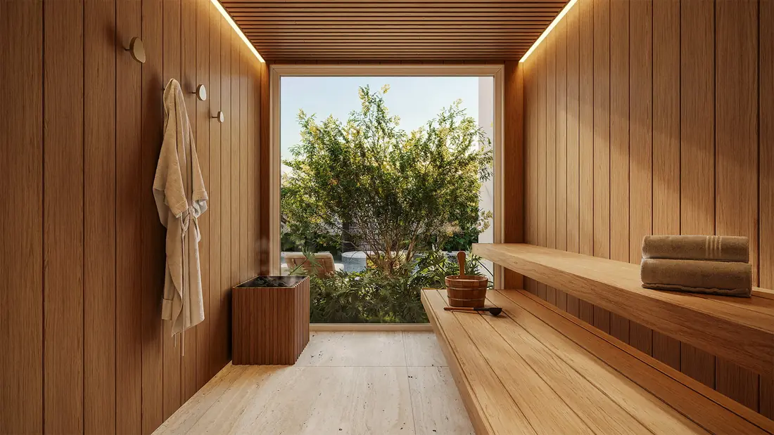 Sauna seca com janela para o jardim