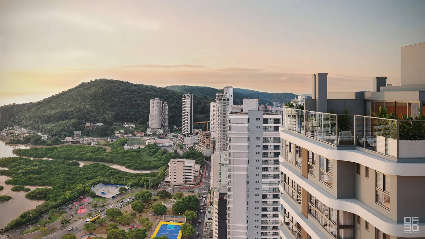 Vista aérea do Bairro Fazenda e da Beira Rio, com o Pátio Beira Rio em primeiro plano